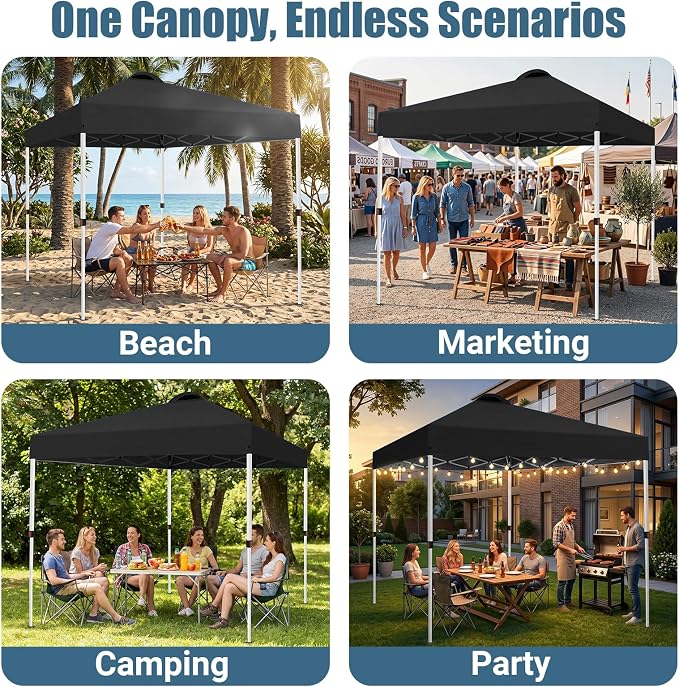 10x10 Pop Up Canopy Tent, Instant Folding Outdoor Shelter with High Strength Steel Frame and Handheld Carry Bag, Ground Stakes and Wind Ropes for Backyard Party, Camping, Beach Events, Black