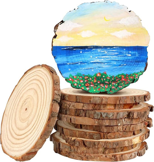 FSWCCK 10 PCS Unfinished Wood Slices for Centerpieces，4.7-5.1 Inch,Round Natural Discs with Tree Bark,Wooden Cookies Circles for Crafts Christmas Ornaments, Rustic Wedding Table Decoration (4.7"-5.1")