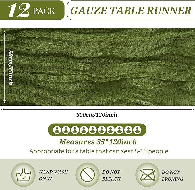 12 Pack Cheesecloth Table Runner 35 x 120 inch Long Boho Cheese Cloth Gauze Table Runners Semi Sheer Table Runner for Wedding Decor, Bridal Shower, Birthday Party (Olive Green)