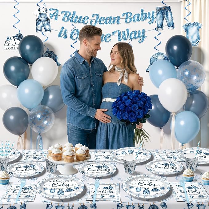 Xynic 213pcs Blue Jean Baby Shower Decorations or Boy, Serves 25 People, Includes Pre-strung Banner, Heavy-duty 350gsm Paper Plates, Waterproof & Oil-proof Disposable Plastic Tablecloths