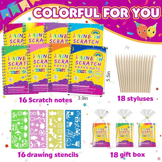 Party Favors for Kids 4-8-12: 16 Pack Scratch Rainbow Art Crafts Notebook, Coloring Book Goodie Bags Stuffers Kit, Bulk Birthday Gift Classroom Prizes Girl Boy Toddler