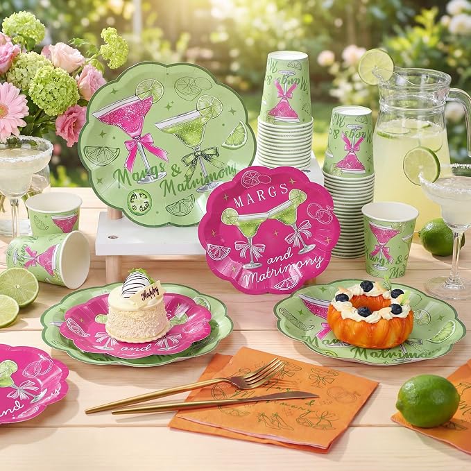 Newtay 250 Pcs Margs and Matrimony Bachelorette Party Decorations Margarita Disposable Plates and Napkins Margarita Tableware Dinnerware for 50 Guests Paper Plates for Wedding Bridal Shower Supplies