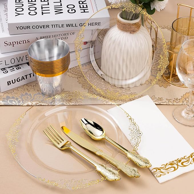 Bestluck 350PCS Clear Gold Plastic Plates for 50 Guests, Disposable Dinnerware Set Includes 100 Clear Disposable Plates, 150 Gold Silverware, 50 Cups, 50 Napkins for Party, Wedding