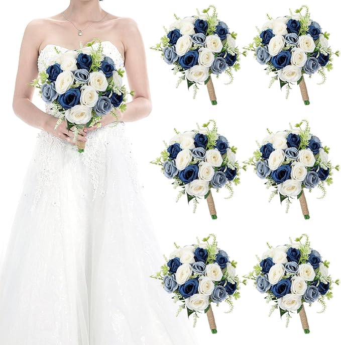Set of 6 Bridesmaid Bouquets for Wedding - 7 Inch Artificial Flower Bouquet for Party Ceremony Anniversary Dinning Table Centerpieces Decor -Navy Blue & Dusty Blue & White