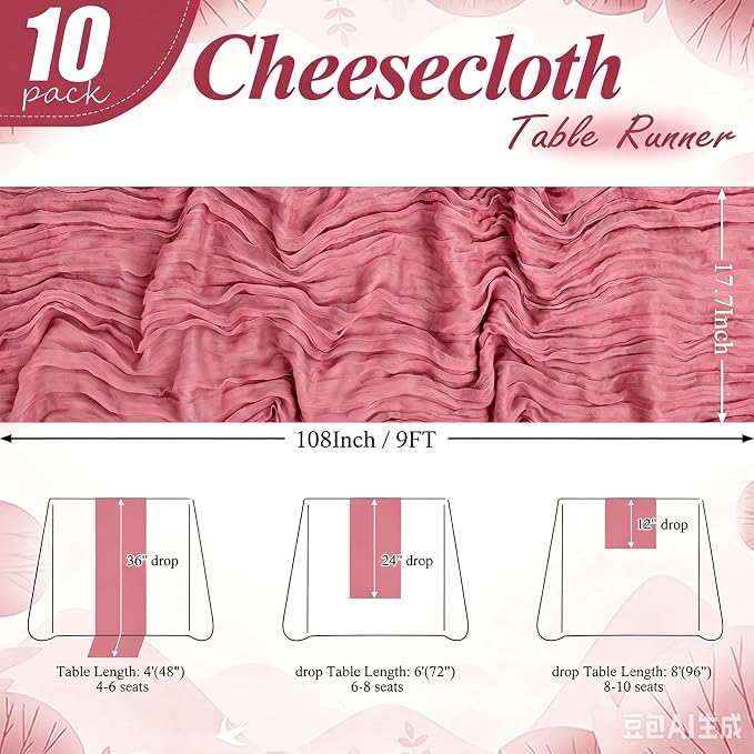 10 Pack Dusty Rose Cheesecloth Table Runner 17"x108" Boho Gauze Fabric Table Runner Vintage Rustic Sheer Runners for Wedding Party Bridal Baby Shower Table Decorations