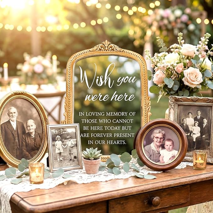 Bucherry Vintage Wedding Memorial Sign with Mirror In Loving Memory Ornate Gold Frame Tabletop Display for Weddings Anniversaries Celebrations 12" x 9.5"