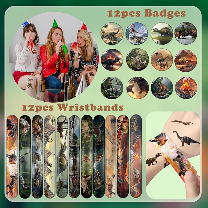122 PCS Realistic Dinosaur Party Favors, Forest Dinosaur Birthday Decorations, Prehistoric Dinosaur Notebook, Slap Bracelets, Dinosaur Stickers, Paper Headbands, Badge, Keychains, Dinosaur Tattoos