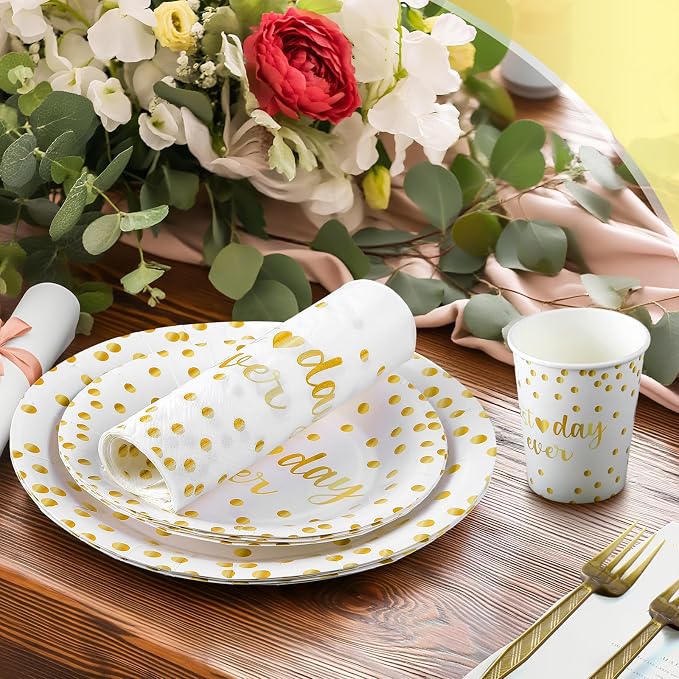 MotiMind 120 Pcs Best Day Ever Wedding Tableware Set Wedding Reception Party Supplies Beverage Table Decorations White and Gold Dot Paper Plates, Cups, Napkins, Forks for 24 Guests