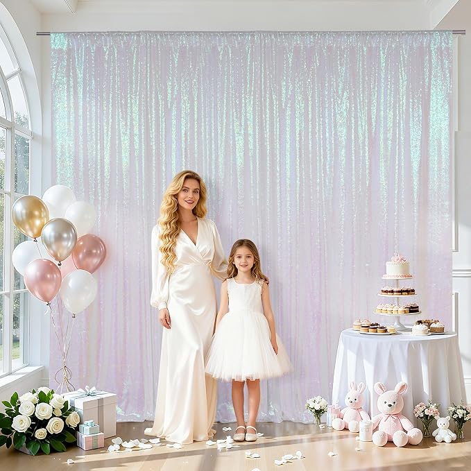 SquarePie 20x10ft Iridescent Sequin Backdrop for Photography, Satin-Backed Real Sequin Curtain, Enhanced Coverage Shimmering Background with 4" Rod Pocket for Wedding, Birthday, Party Decor, 1 Panel