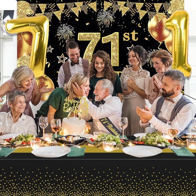 71st Birthday Decorations Men Women With 71st Birthday Banner, Black And Gold Table Cloth, Number Balloons, Sash, Cake Topper And Candles