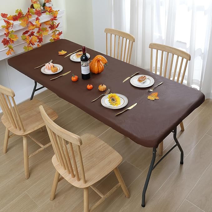 Smiry 3 Pack Rectangle Table Cloth, Elastic Fitted Flannel Backed Vinyl Tablecloths for 8ft Folding Tables, Waterproof Wipeable Table Covers for Indoor, Outdoor, Camping and Picnic (Coffee, 30"x96")