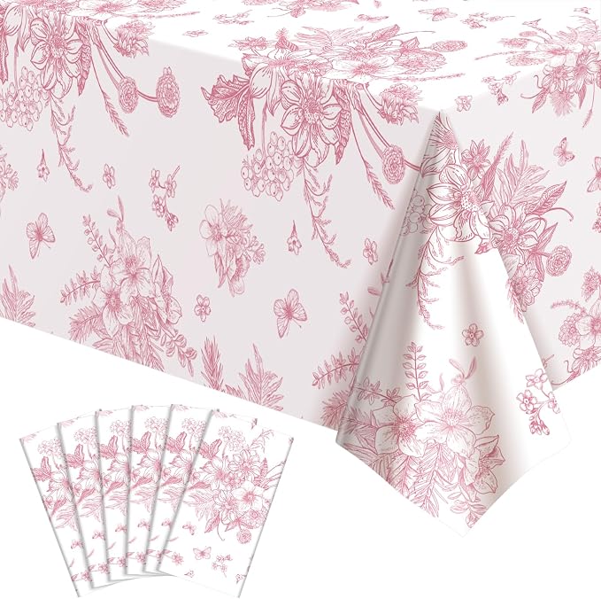 6 Pack Pink Floral Plastic Tablecloths, 54 x 108 Inch Tea Party Tablecloth | PE material, waterproof surface, fits rectangular 8-10 seat tables, for tea party, wedding, birthday, baby shower
