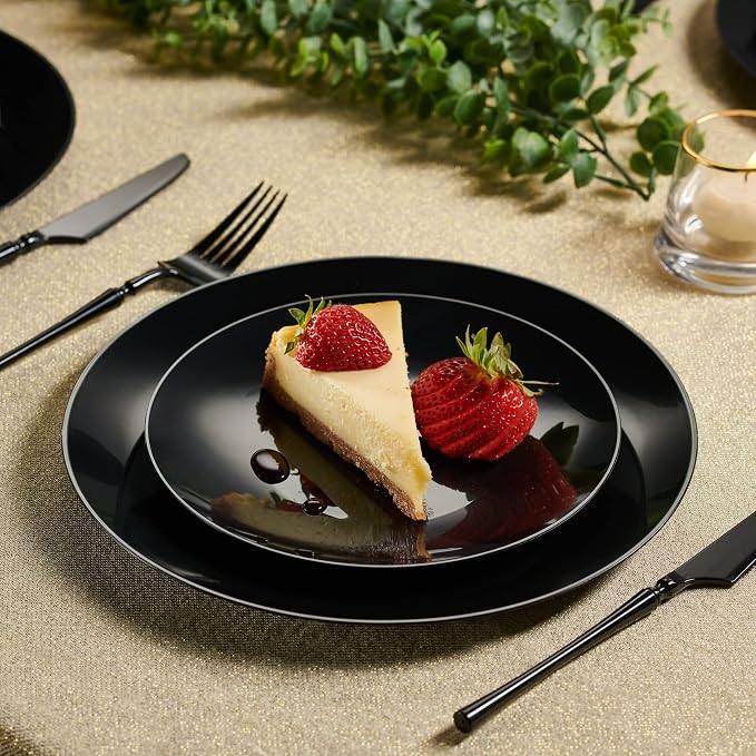 PLASTICPRO 128 Piece Combo Plates Set - 64-7" & 64-10" Black Plates with Silver Rim - Premium Heavyweight, Disposable