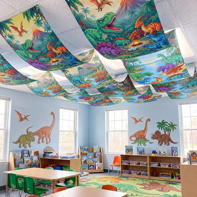 Gilprop 3 Pcs Dinosaur Themed Ceiling Decorations, 2 x 12 ft Hanging Fabric Ornaments, Prehistoric Style Party Supplies for Birthday Baby Shower Classroom Photo Backdrop & Various Events
