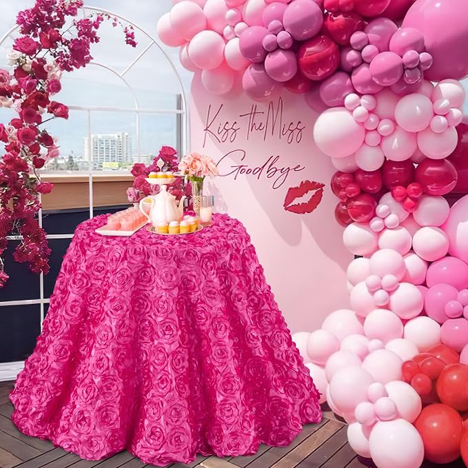 Fanqisi Rosette Tablecloth Hot Pink Table Cover: 50x80 Inches 3D Floral Satin Fabric Table Cloth Grandiose Wedding Party Baby Shower Decorations