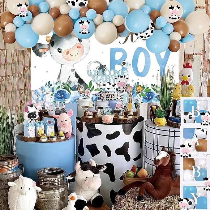 Cow Baby Shower Decorations for Boy, Cow Print Baby Shower Decorations, Blue It’s a Boy Backdrop Balloon Welcome Banner Tablecloth Cake Topper Box Mom To Be Sash