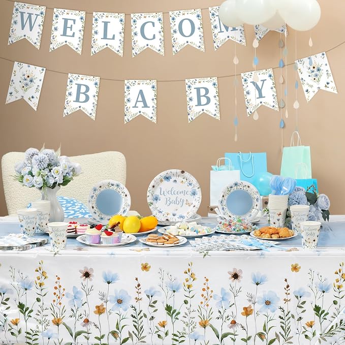 LemonRoad 128 Pcs Blue Floral Baby Boy Shower Party Decorations for 25 Guests, Wildflower Welcome Baby Shower Paper Plates Napkins Cups Tablecloth Forks Banner for Spring Gender Reveal Party Supplies