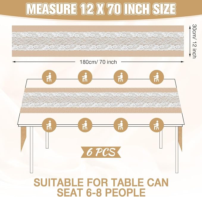 Xinnun 6 Pack Burlap Table Runner with Warm LED Lights,Rustic Lace Wedding Table Decor,Boho Farmhouse Jute Runner for Reception Bridal Shower Party(Romantic,12x70 Inches)