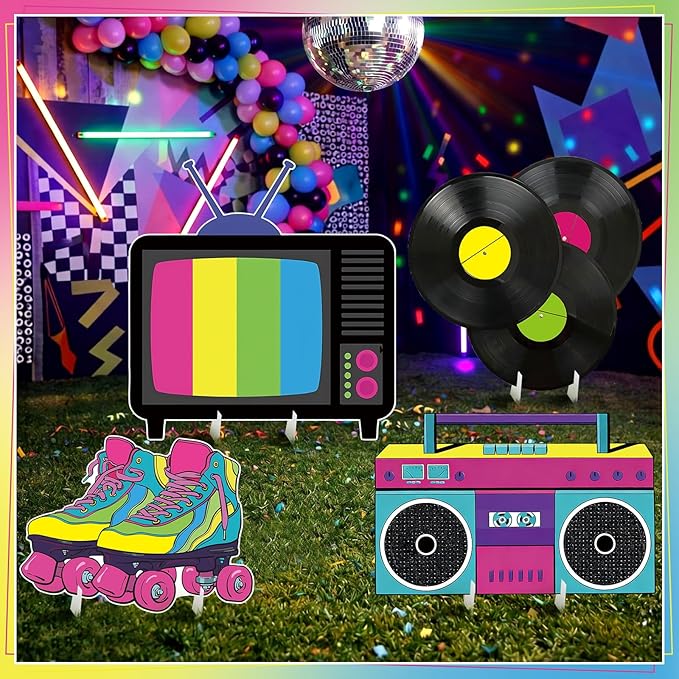 4 Pcs Large 80s Birthday Party Decoration, 23.62 Inch 1980s 90s Party Cardboard Cutout Retro Birthday Decoration for Themed Lawn Classroom Tv, Roller Skates, Radio, Records Yard Decor