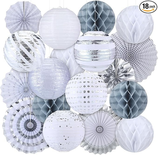 Retisee 18 Pcs Metallic Silver Party Decorations Kit Hanging Metallic Silver Paper Lanterns Paper Fans Honeycomb Balls for Birthday Anniversary Celebration Wedding Graduation Decoration Supplies