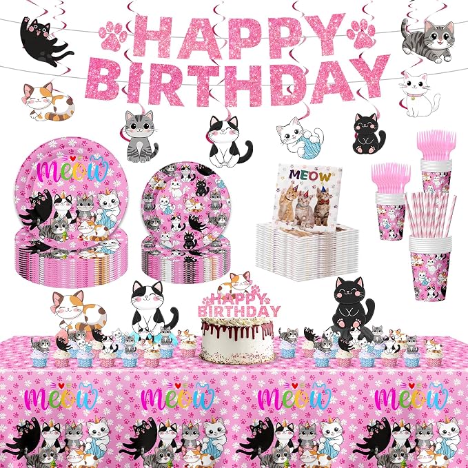 188PCS Cat Party Supplies Set - Complete Cat Themed Birthday Party Decorations with Plates, Cups, Napkins, Tablecloth, Honeycomb Centerpieces,Banner and Hanging Swirls