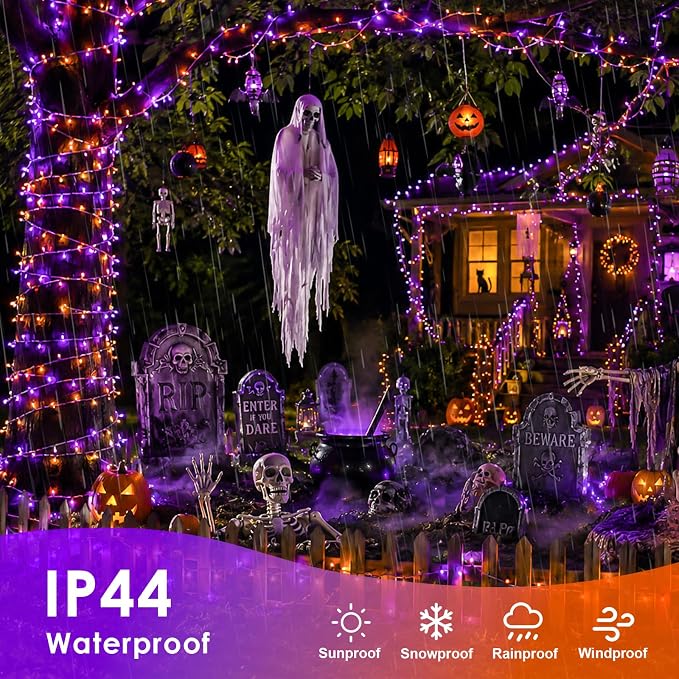 QITONG 2 Pack Battery Operated Halloween Lights, Each 33ft 100 LED Orange and Purple String Lights Outdoor Waterproof with Remote, Clear Wire Christmas Twinkle Lights with 8 Modes Indoor