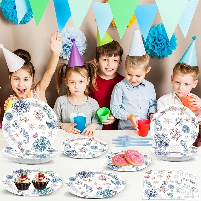 96Pcs Seashell Party Supplies Ocean Beach Birthday Plates and Napkins Blue Coastal Seashell Tableware Beach Disposable Dinnerware for Wedding Baby Shower Birthday Party Decorations for 24 Guests