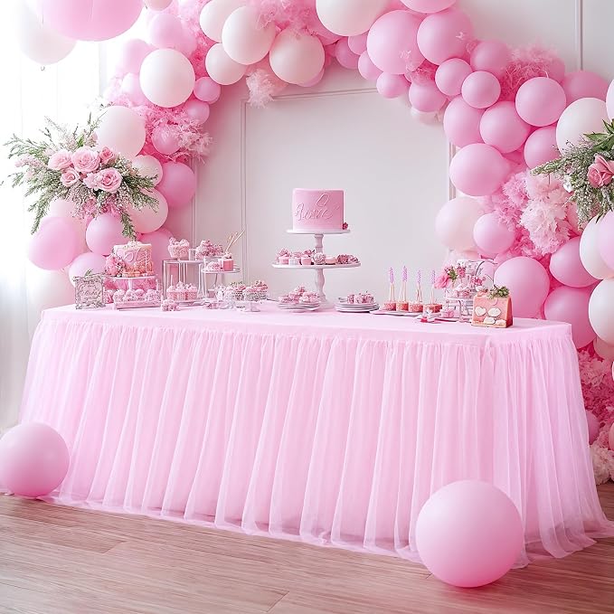 HB HBB MAGIC Baby Pink Table Cloths 8 Foot Rectangle Tulle Table Skirt Rectangle Tables 8ft Fitted Spandex Table Covers Stretch Elastic Banquet Birthday Party Baby Shower Wedding Table Cloths