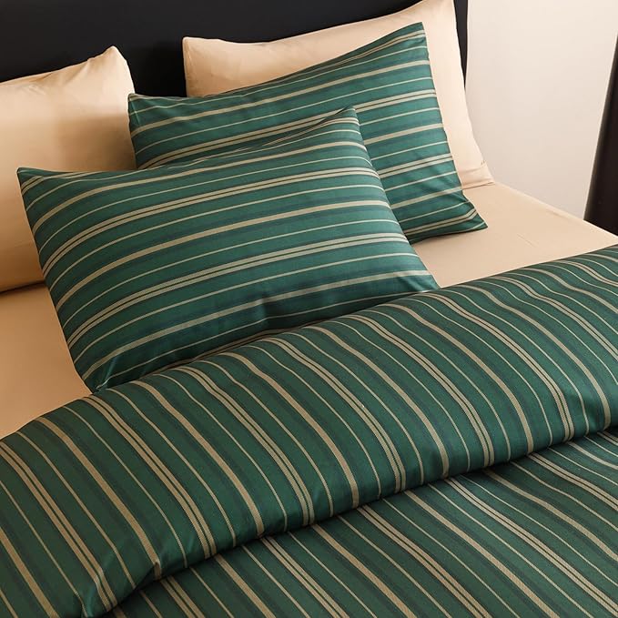 KAREVER Green Stripes Comforter Queen Vertical Ticking Striped Dark Green Bedding Set Durable Chic and Stylish Bedroom Set