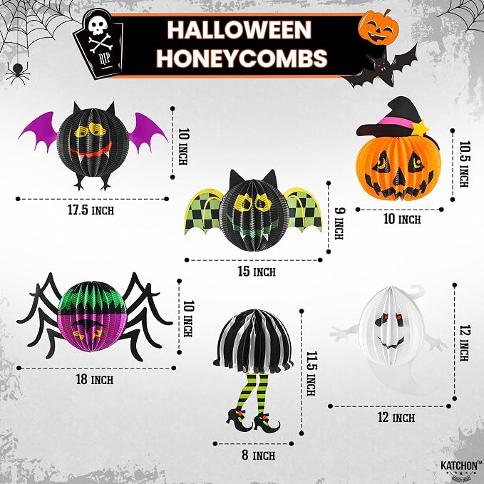 KatchOn, Hanging Halloween Decorations - Pack of 6 | Hanging Halloween Honeycombs for Halloween Ceiling Decorations | Halloween Hanging Bats, Pumpkin, Spider for Scary Halloween Decorations Indoor