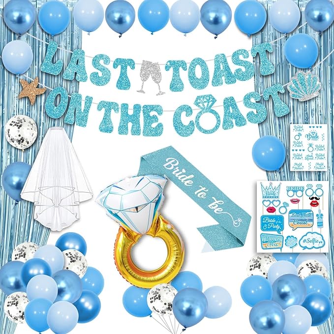 Last Toast on The Coast Bachelorette Decorations - Blue Party Favors Include Banner, Temporary Tattoos, Bride Balloons and Decor