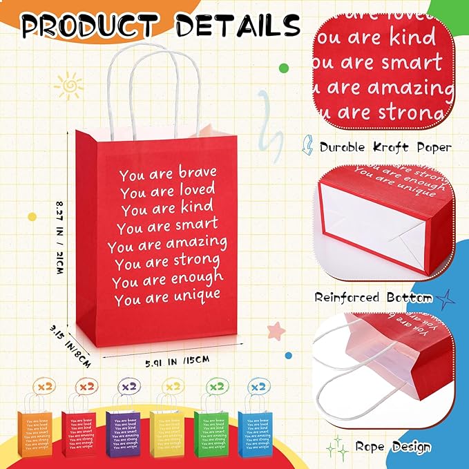 Coume 12 Pcs Inspirational Gifts Bags with Handle Employee Coworker Appreciation Goodie Paper Handbags for Graduation Birthday Party Kraft Thank You Bags Classroom, 5.9 x 3.15 x 8.27 Inch (Classic)