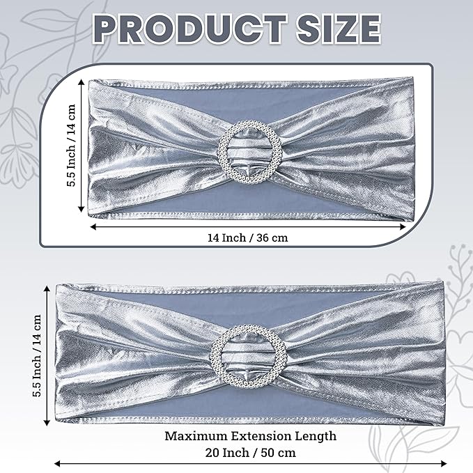 MDS Pack of 200 Spandex Foil Chair Sashes Bow Universal fits Elastic Stretch Chair Bands Ties with Buckle for Wedding Lycra Slider Bow - Metallic/zari/Sparkle Silver