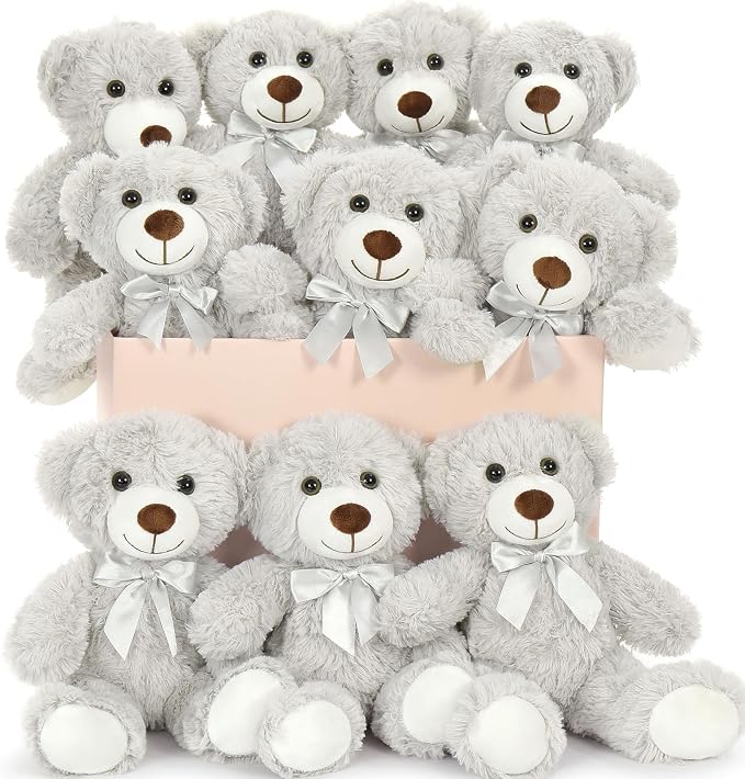 MaoGoLan Bulk Teddy Bear Baby Shower, 10 Packs Small Gray Teddy Bear Stuffed Animals in Bulk,13.5" Small Stuffed Bears Plush for Wedding,Birthday,Christmas, Party Decorations