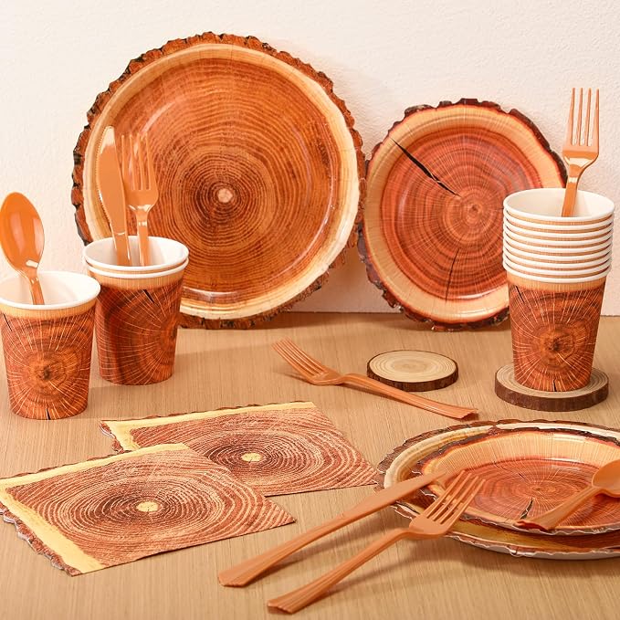 FillTouch 350 Pcs Wood Grain Fall Paper Plates Hunting Camping Party Supplies Rustic Autumn Disposable Napkins Cups Cutlery Knives Fork Spoons for 50 Guests Autumn Harvest Thanksgiving Birthday