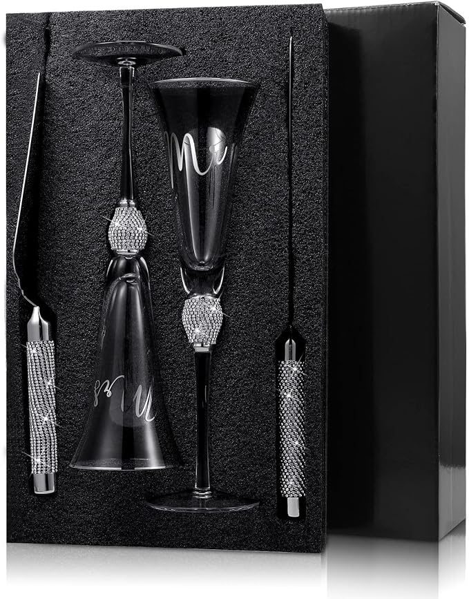 Boao 4 Piece Mr and Mrs Champagne Flutes and Cake Knife Server Set Crystal Wedding Toasting Flutes Rhinestone Cake Cutting Set for Bride and Groom Wedding Engagement Bridal Shower Gifts(Silver)