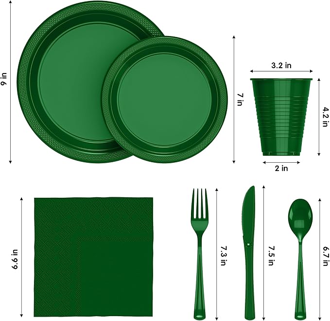 350 Pcs Emerald Green Plastic Plates For Party, Emerald Green Disposable Plates Set, 50 Of Each 9" Dinner Plate Set, 7" Dessert Plate, Cups, Napkins & Cutlery Plastic Dinnerware Set Exquisite