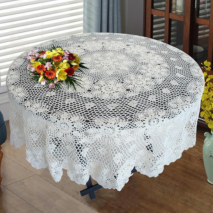 USTIDE Handmade Crochet Tablecloth Round Beige 48-inch Cotton Lace Table Overlay for Coffee, TV, Bedside, Sofa