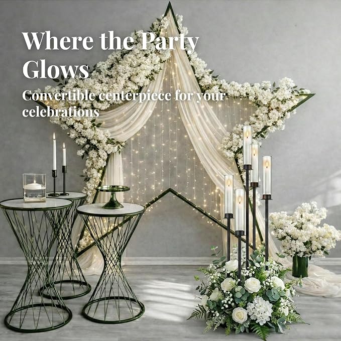 Black Candelabra with Glass Cylinders for Real Candles 5 Head Metal Candle Holder Wedding Centerpiece Ceremony Reception Event Party Home Decoration (2, L)