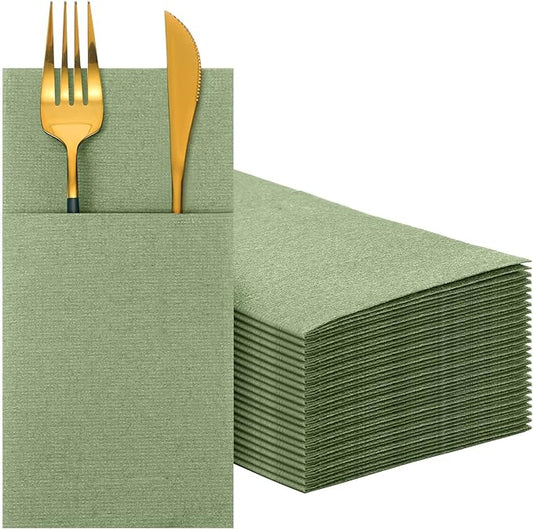 Cindeer 75 Pcs Sage Green Napkins Disposable Linen Feel Dinner Paper Napkins with Built in Flatware Pocket Prefolded Airlaid Paper Guest Hand Towel for Silverware Wedding Reception Baby Shower
