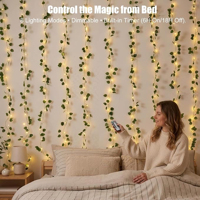 Bexdir 200 LED Curtain Vine Lights for Bedroom Decoration, 6.6x6.6ft Pre-Assembled Hanging Fake Vines with Fairy Lights USB Powered, Aesthetic Artificial Watermelon Lights for Room Wall Decor
