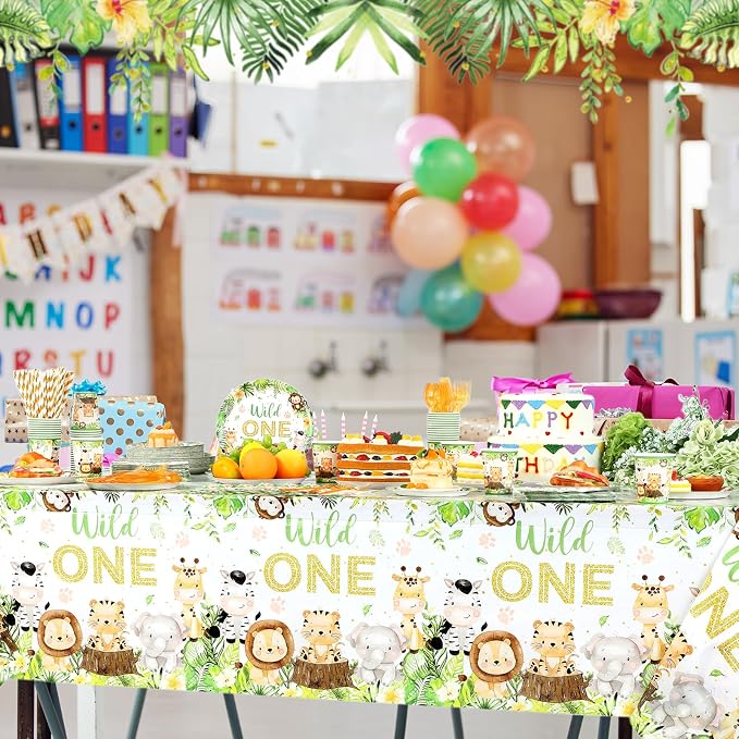 Funnymoom 452 Pcs Wild One Birthday Party Decorations for 50, Safari Jungle Wild One Paper Plates Napkins Cups Tablecloth Cutlery Straws for Boys Kids Woodland Themed First Birthday Party Supplies