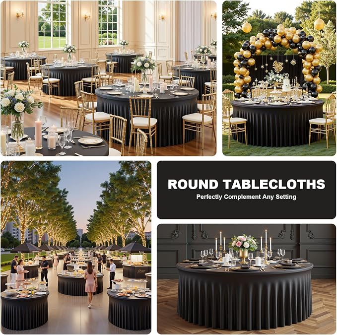 6 Pack Black Round Tablecloth 60 Inch, Washable Table Cloth Elastic Edge with Skirt Circular Table Cover for Wedding Banquet Party, Birthday, Buffet Restaurant and Dining