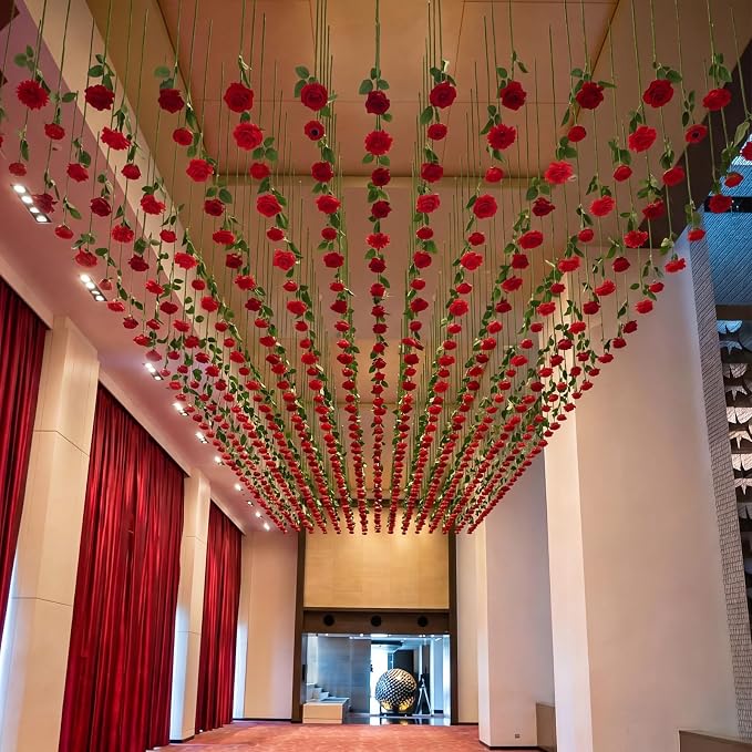 Lyrow 120 Pack Red Roses Artificial Flowers Bulk Hanging Floating Garland Fake Red Rose Vine for Ceiling Decoration Wedding Anniversary Bridal Bouquet DIY Floral Arrangement Proposal Romantic Decor