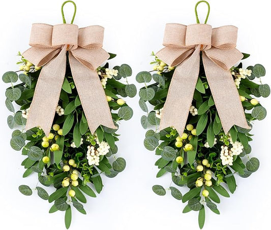2 PCS 22" Artificial Green Eucalyptus Teardrop Swag for Front Door Greenery Swag Spring Summer Olive Kitchen Cabinet Wreath with White Berry for Farmhouse Home Porch Wall Window Festival Wedding Decor