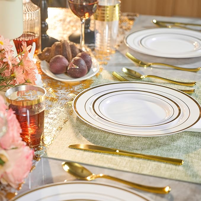 Fijinhom 350 Pieces Gold Disposable Plates for 50 Guests, Disposable Plastic Plates for Party, Wedding, Dinnerware Set of 50 Dinner Plates, 50 Salad Plates,50 Cups and 50 Paper Napkins, Gold