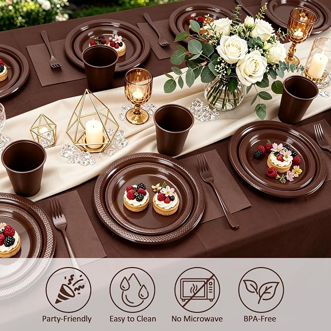 Brown Plastic Plates for Party,30 Guest Disposable Brown Party Supplies Including Dinner&Dessert Plate,12oz Cups,Cutlery,Napkins & Tablecloth Dinnerware Decorations for Birthday Wedding