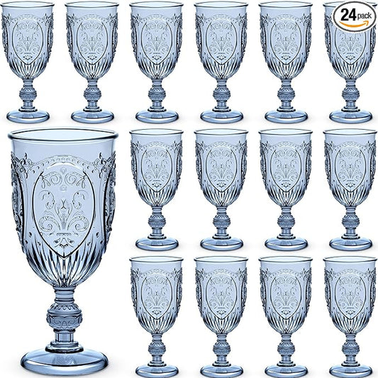 Wiwiqing 24 Pcs Plastic Goblets 7.5oz Vintage Goblet Plastic Wine Glasses Colored Retro Embossed Water Goblets for Wine Bar Juice Baby Shower Wedding Reception Grand Event Party (Blue)