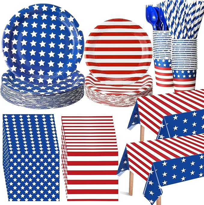 Funnymoom 452 Pcs Memorial Day Party Decoration for 50, 4th of July Patriotic Paper Plates Napkins Cups Tablecloth Cutlery Straw White Red Blue Tableware for 250th Aniversary Supplies