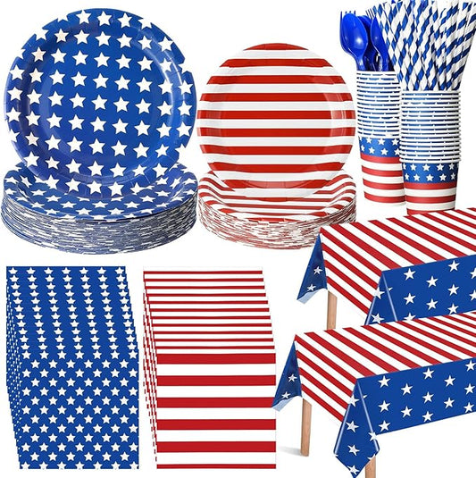 Funnymoom 452 Pcs Memorial Day Party Decoration for 50, 4th of July Patriotic Paper Plates Napkins Cups Tablecloth Cutlery Straw White Red Blue Tableware for 250th Aniversary Supplies